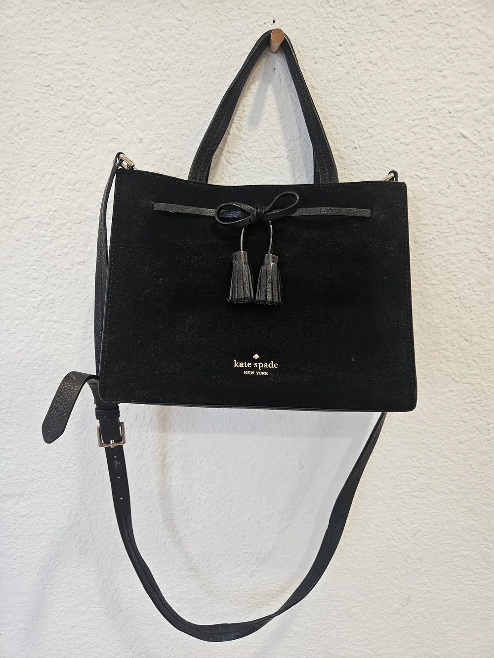 Kate Spade Black Suede Leather Hayes Small Satchel Tassel Bow Handbag